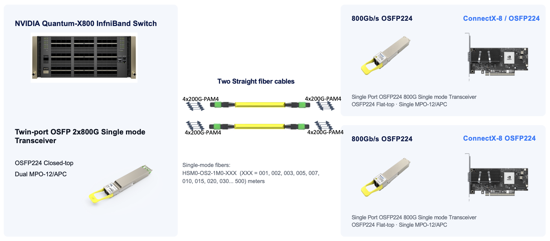 200G-per-lane InfiniBand solution: NVIDIA Quantum-X800 switch linked over two straight single-mode fibers to ConnectX-8 OSFP224 800G endpoints